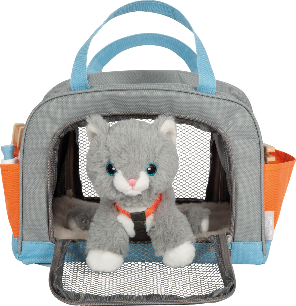 Katze mit Tasche und Pflege-Set