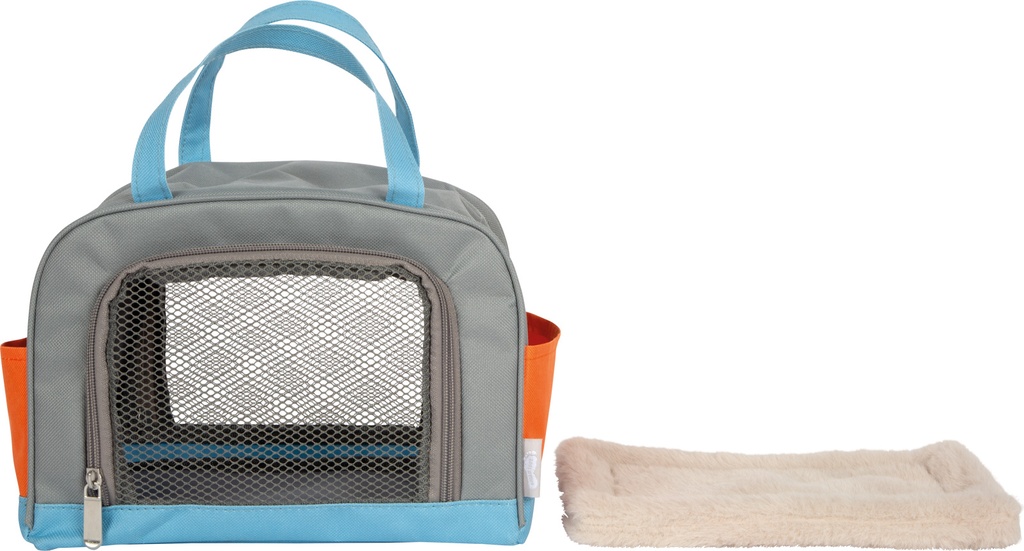 Katze mit Tasche und Pflege-Set